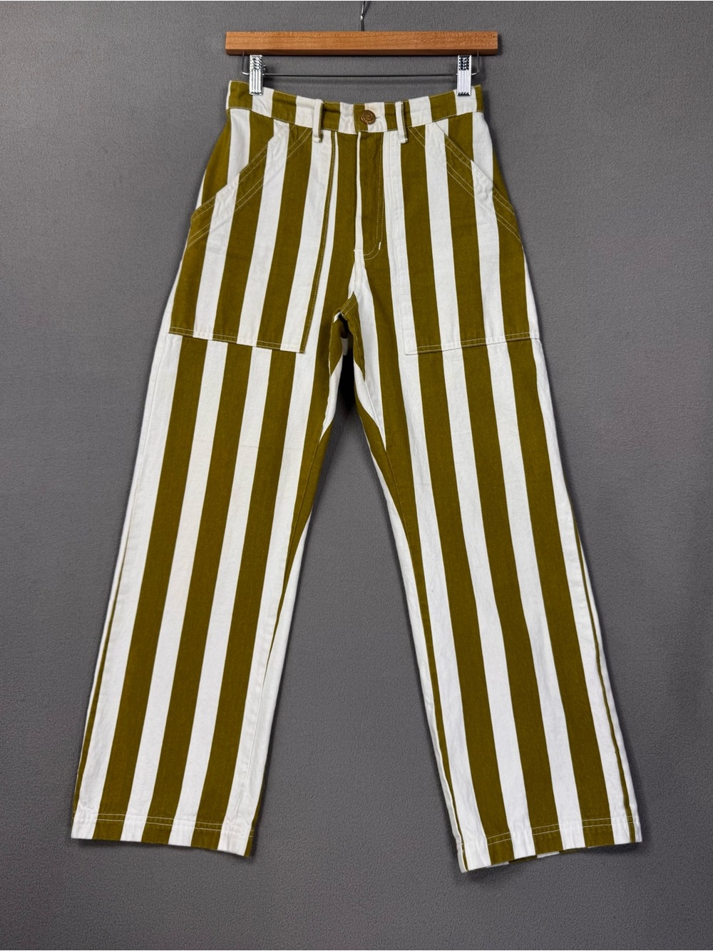 Big Bud Press Work Pants Green White Striped Utility Straight Leg Pants, XS